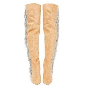 Tan Pointy Toe OTK Boots w/ Rhinestone Fringe